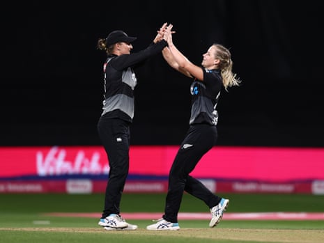 Jess Kerr of New Zealand celebrates after taking the wicket of Tammy Beaumont.