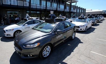 A fleet of Uber’s new self-driving cars in Pittsburgh.