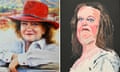 Composite image featuring (L-R) A portrait of Gina Rinehart donated to NGA and a portrait of Gina Rinehart by Australian artist Vincent Namatjira