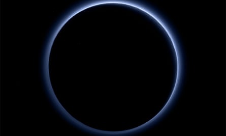 Pluto’s haze layer shows its blue colour.