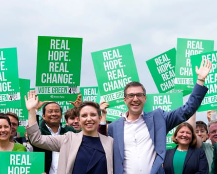 Adrian Ramsay and Carla Denyer with Green party supporters at its general election manifesto launch in June 2024