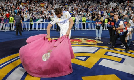 Real Madrid's Nacho with a matador cape. Champions League Final. Liverpool v Real Madrid. Stade De France on May 28th 2022 in Paris, France (Photo by Tom Jenkins)