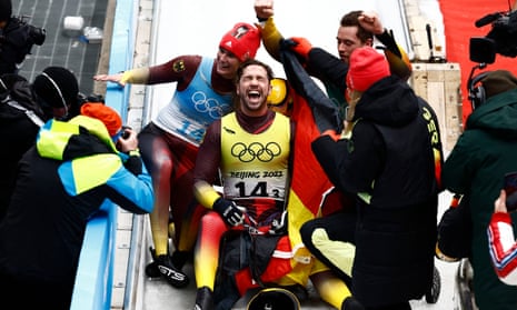Natalie Geisenberger, Johannes Ludwig and Tobias Wendl of the victorious German luge team.