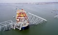 An aerial view of the Dali cargo vessel that crashed into the Francis Scott Key Bridge