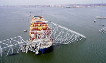 An aerial view of the Dali cargo vessel that crashed into the Francis Scott Key Bridge