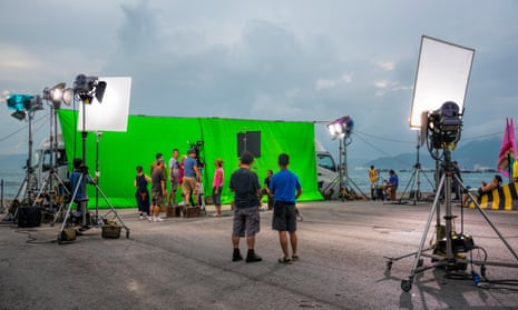 Asian movie being filmed in front of a green screen, Hong Kong, China.
