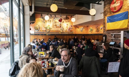 People dine inside Veselka in the East Village on 25 February 2022, in New York City.