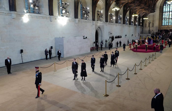 Queen Elizabeth II’s grandchildren depart after holding a vigil around the coffin of Queen Elizabeth II.