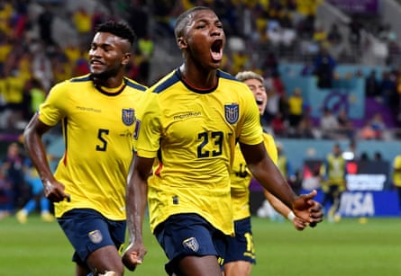 Moisés Caicedo celebrates aft scoring for Ecuador against Senegal astatine nan World Cup successful 2022.