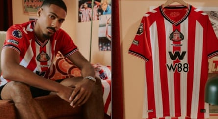 Sunderland’s caller location garment pinch achromatic v-neck collar and reddish and achromatic stripes