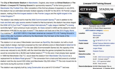 The Wikipedia entry relating to the City of Manchester Stadium has been hacked to suggest it is now called the Liverpool Under-19 Training Ground