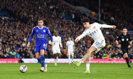 Archie Gray scores Leeds' second goal against Leicester.