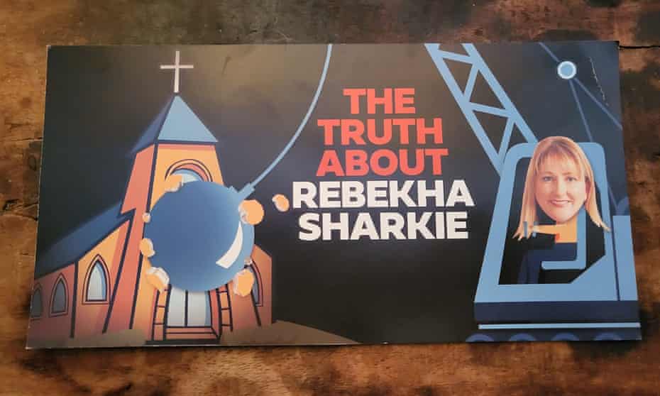 Rebekha Sharkie on a Australian Christian Lobby flyer which says 'the truth about Rebekha Sharkie' and depicts her driving a wrecking ball through a religious building