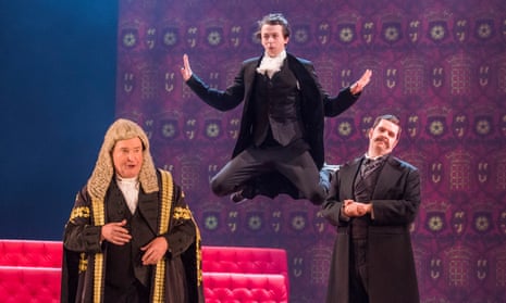 Andrew Shore as the Lord Chancellor, Richard Leeming as Page and Ben McAteer as the Earl of Mountararat in Iolanthe at London Coliseum.