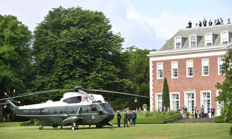 President Trump and his wife Melania disembark Marine One at Winfield House, the residence of the US Ambassador, in London