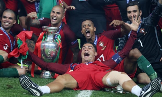 Nani celebrates with his former Manchester United team-mate Cristiano Ronaldo after Portugal’s triumph over France in the Euro 2016 final in July.