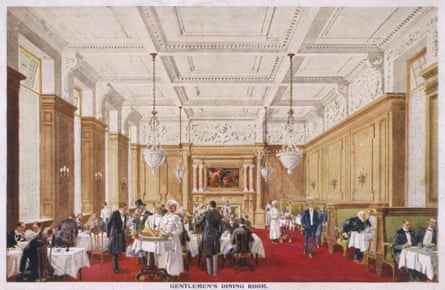 An illustration of the busy dining room at Simpson’s in the early 1900s