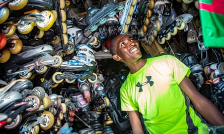 Kenneth Wanjohi inside his store, Skate Station Nairobi, which primarily deals in used skates. His business has grown steadily with the sport’s increased popularity.