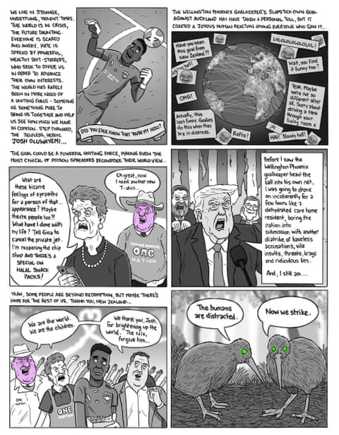 Cartoon depicting Josh Oluwayemi's own goal, panel 1