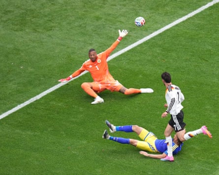 Kai Havertz scores a goal against Eloy Room (1) during the 2026 World Cup match between Germany and Curaçao