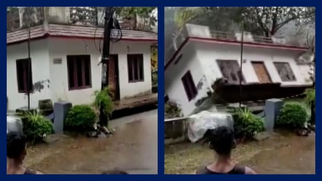 India: floodwaters sweep away house in Kerala – video