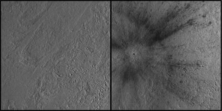 Black and white images show the Mars site before and after a meteoroid hit. A clear crater is seen in the after image.