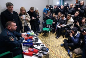 Alexei Anikin, head of the Emergencies ministry, talks to media at Pulkovo airport.