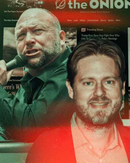 Tim Heidecker and Alex Jones with Onion headlines