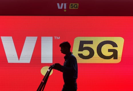 An LED display board showing the logo of Vodafone-Idea at the India Mobile Congress 2022, at Pragati Maidan, in New Delhi.