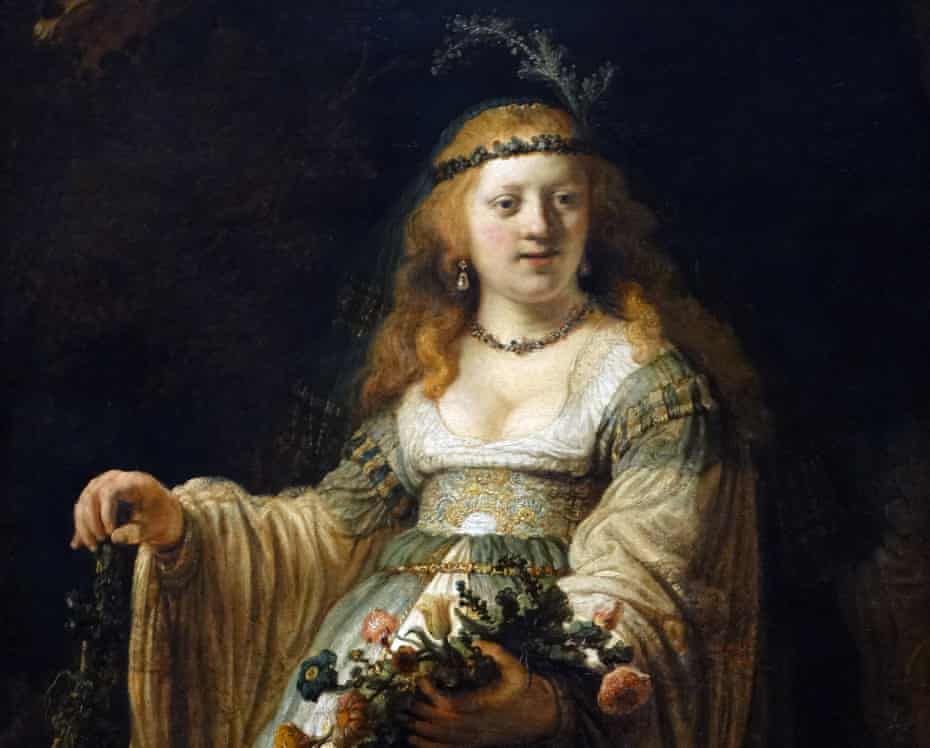 Detail of Saskia van Uylenburgh in Arcadian Costume by Rembrandt van Rijn (1606-1669)