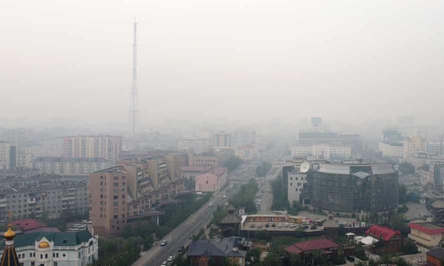 Smoke hangs over the city of Yakutsk, coming from wildfire-hit Gorny and Khangalassky districts.