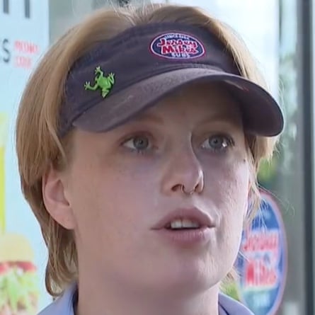 A photo of a person in a visor reading Jersey Mike’s