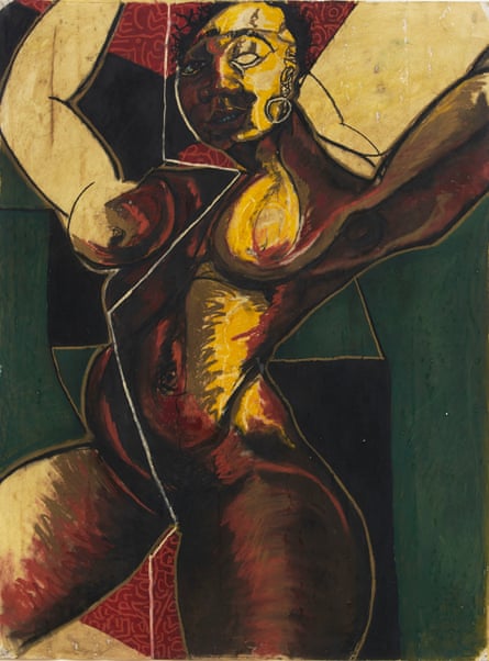 A painting of a naked, curvaceous woman in a mixture of rich brown and beige tones.