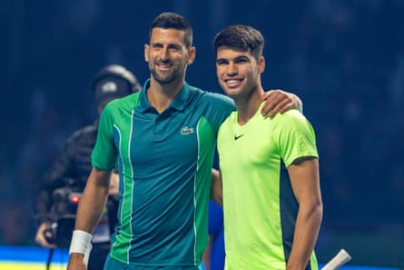 Novak Djokovic and Carlos Alcaraz pose for the cameras before an exhibition match