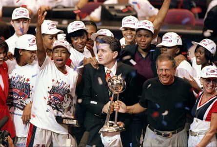 Houston Comets players and coaches celebrate their title win.