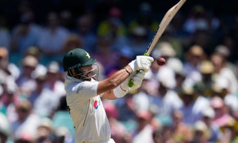 Pakistan's Salman Ali Agha hits a boundary in Pakistan’s first innings of the third Test.