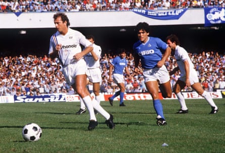 Trevor Francis takes on Diego Maradona while playing for Sampdoria against Napoli.