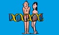 Illustration of a naked man and woman behind a DNA spiral