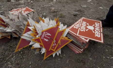 Landmine signs removed from a field on the outskirts of Stanley, Falkland Islands