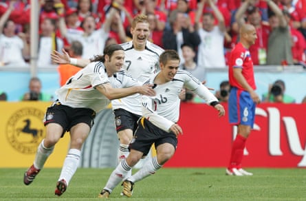 Philipp Lahm is hauled back by Torsten Frings after scoring Germany’s first goal at the 2006 World Cup, against Costa Rica.