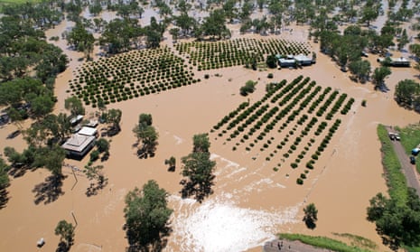 Aerial view of flood waters engulfing a property with many tree tops and farm fields inundated