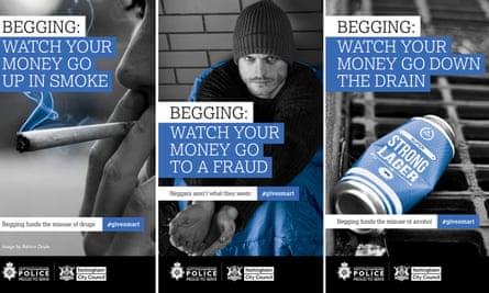 Three of Nottingham City Council’s posters urging people not to give money to beggars.