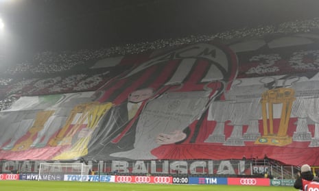 Milan fans display a giant banner paying tribute to Silvio Berlusconi by displaying the trophies won under his stewardship.