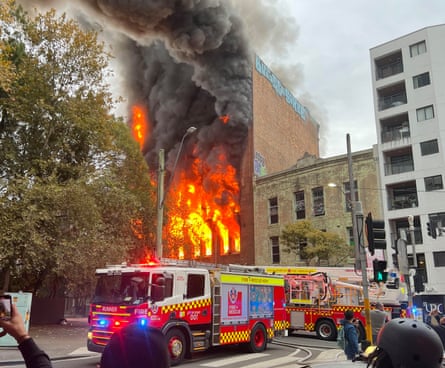 The building ablaze near central station in Sydney on Thursday afternoon.