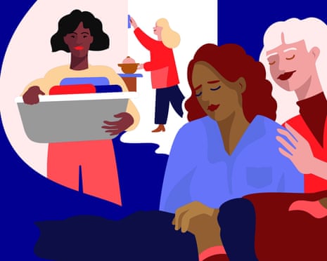 An illustration of four people helping someone in a blue shirt, with others carrying items in the background