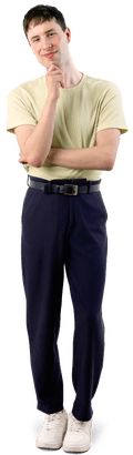 Dec, a white man with short hair wearing jeans and a T-shirt, stands with arms crossed and one hand to his chin