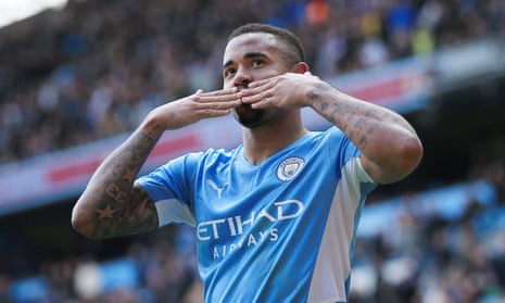 Manchester City’s Gabriel Jesus celebrates scoring his fourth goal, and his team’s fifth, in the 5-1 win agaisnt Watford.