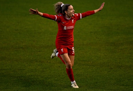 Leanne Kiernan celebrates after scoring Liverpool’s third goal against Chelsea.