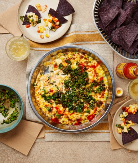 Milli Taylor’s cheesy corn dip with padron pepper salsa.
