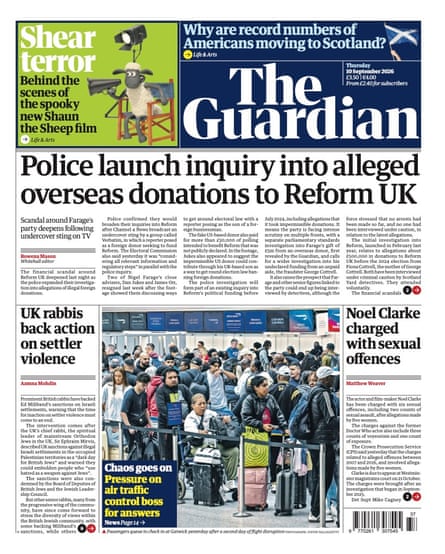 Front page of the Guardian 10 September 2026